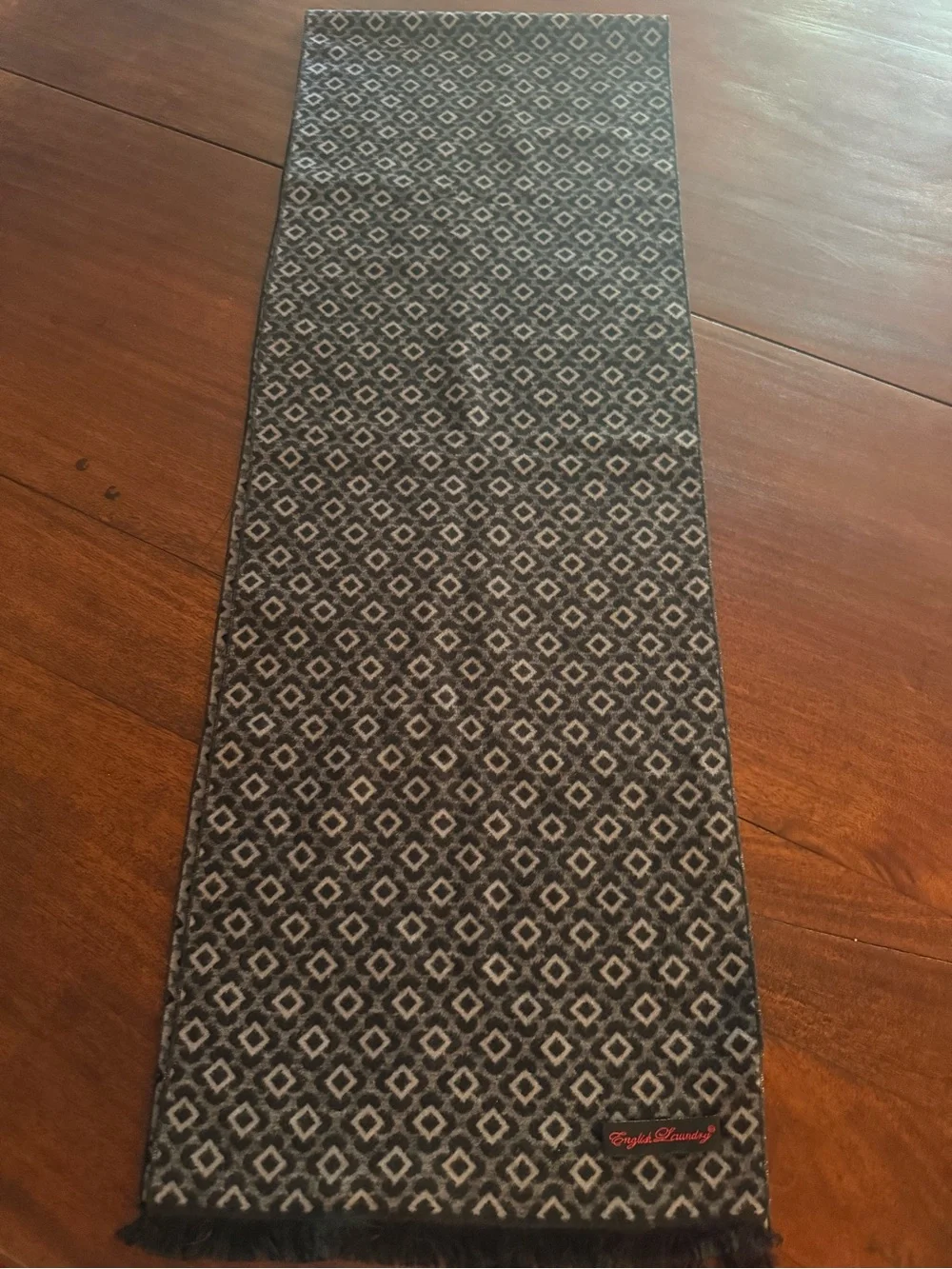 English Laundry 100% Silk Scarf Navy And Gray 70” X 12” Perfect Condition